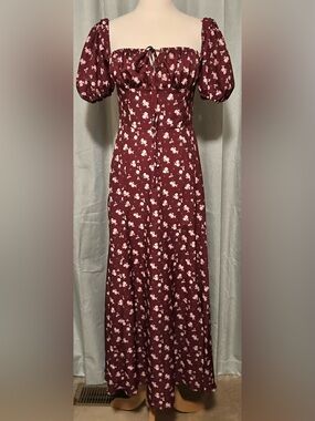 Women’s Burgundy Floral Puff-Sleeve Maxi Dress